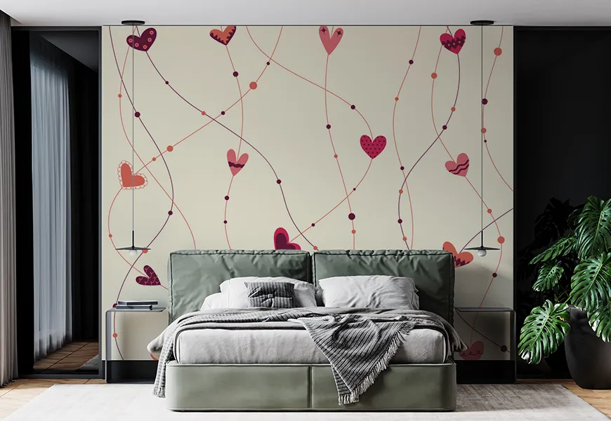 پوستر دیواری سه بعدی اتاق خواب عروس و داماد طرح قلب های کوچک